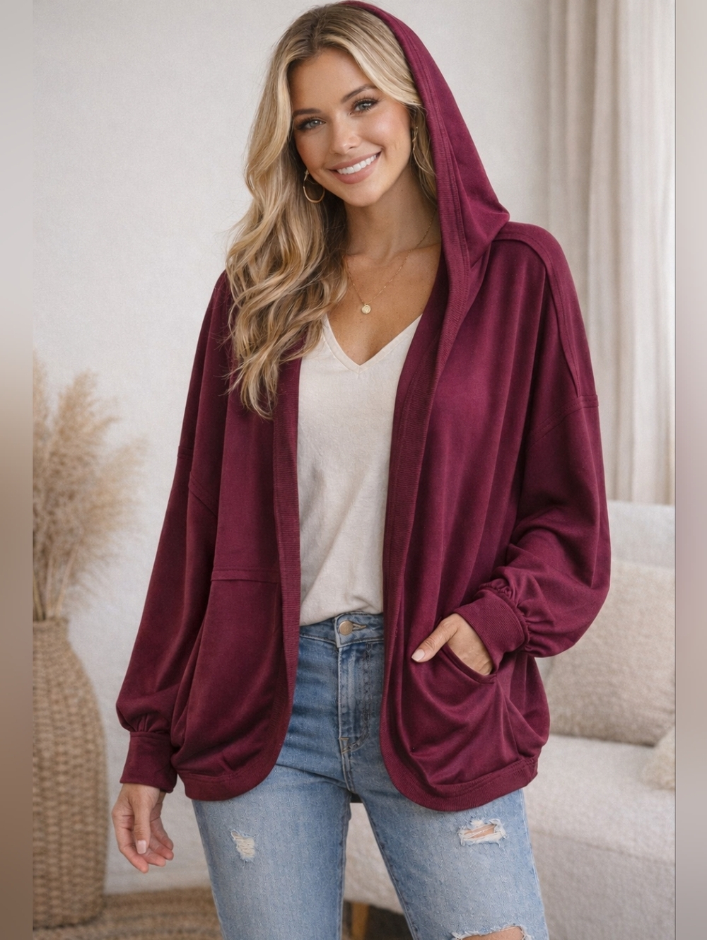 Umgee Burgundy Hooded Cardigan Open Front Oversized Cozy Size Large - NWT
